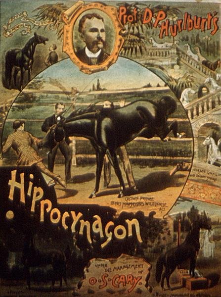D. H. Hurlburt教授的 "Hippocynagon "广告海报，由O. S. Cary管理（彩色平版印刷）。 作者 美国学校