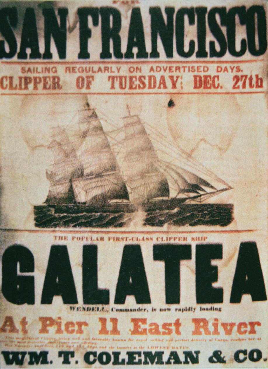 1855 年左右的快船“Galatea”从纽约到旧金山航线的广告海报（彩色石版画） 作者 美国学校
