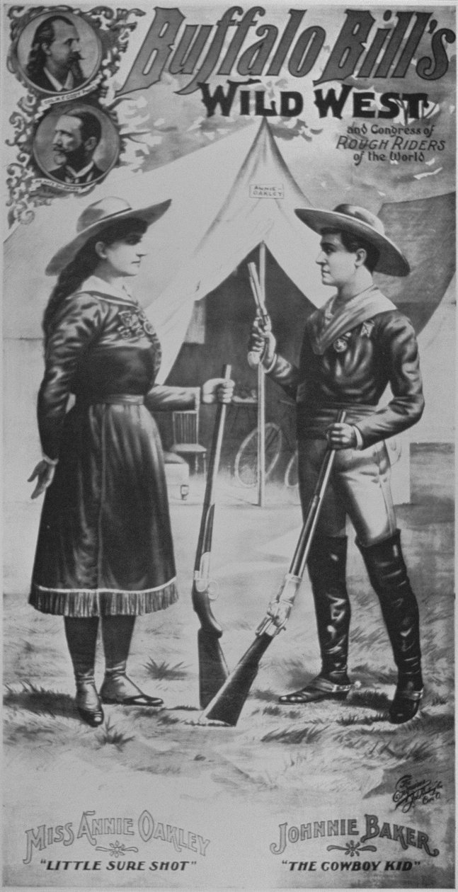 水牛比尔（1846-1917）狂野西部表演的海报，主角是安妮-奥克利（1860-1926）和约翰尼-贝克（牛仔小子）。 作者 美国学校
