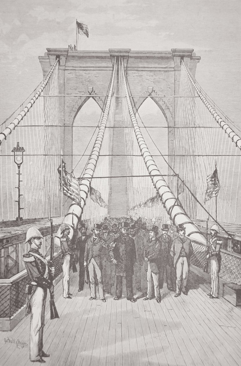 1883 年 5 月 24 日，Chester A. Arthur 总统在新布鲁克林大桥的开幕式上（石版画） 作者 美国学校
