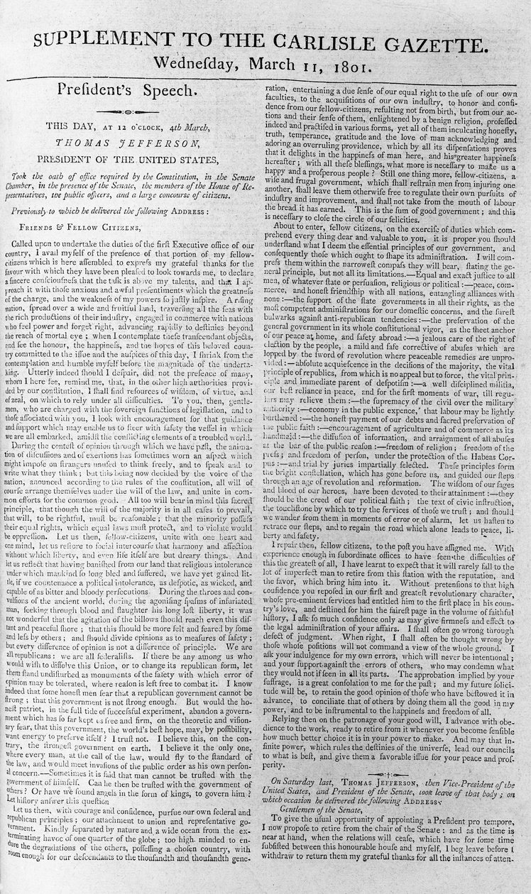 杰斐逊总统就职演说，1801年3月11日卡莱尔公报的补编 作者 美国学校