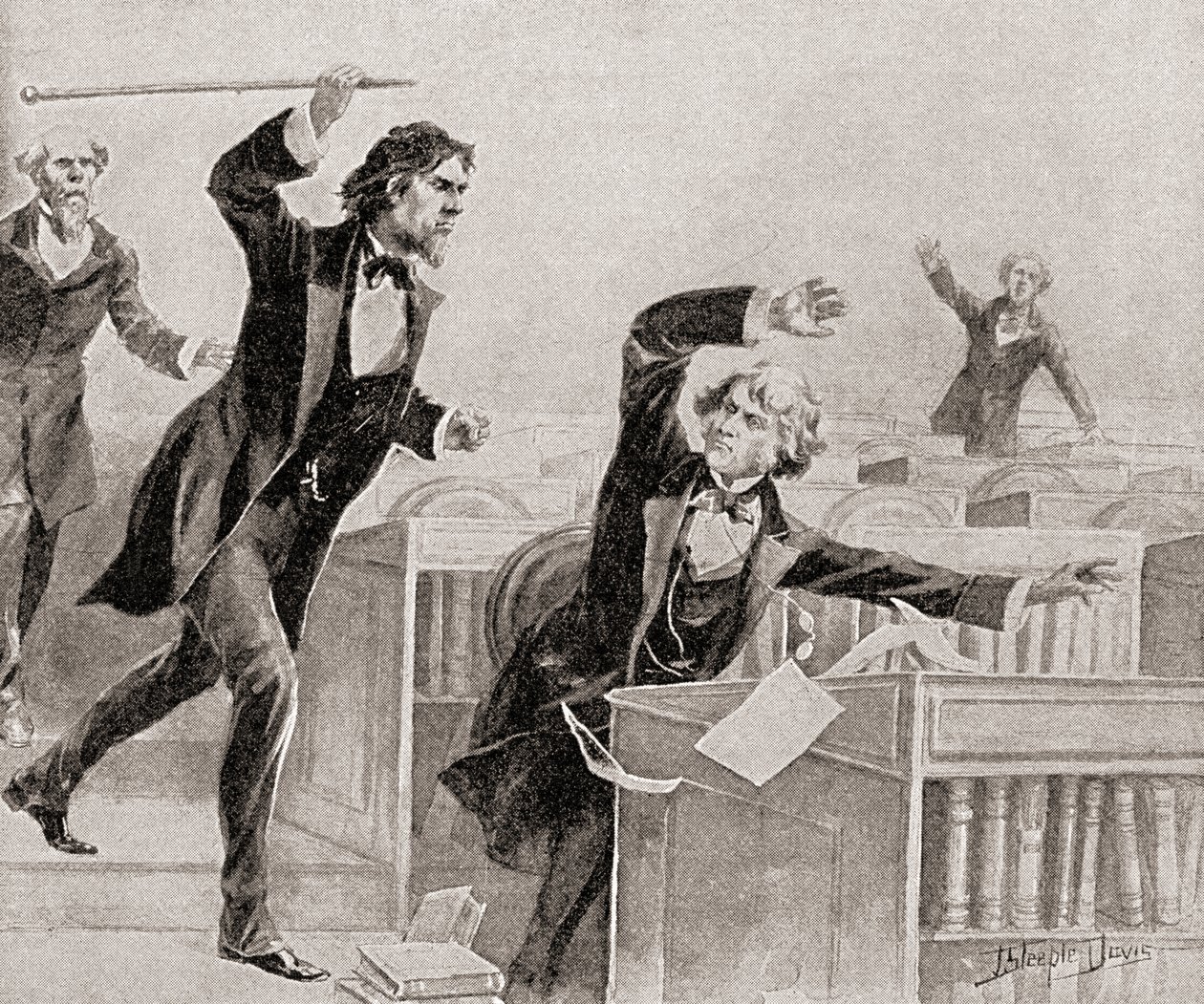 5 月 22 日，奴隶制的狂热拥护者普雷斯顿·史密斯·布鲁克斯 (Preston Smith Brooks) 在美国参议院的地板上用拐杖袭击废奴主义者参议员查尔斯·萨姆纳 (Charles Sumner) 作者 美国学校