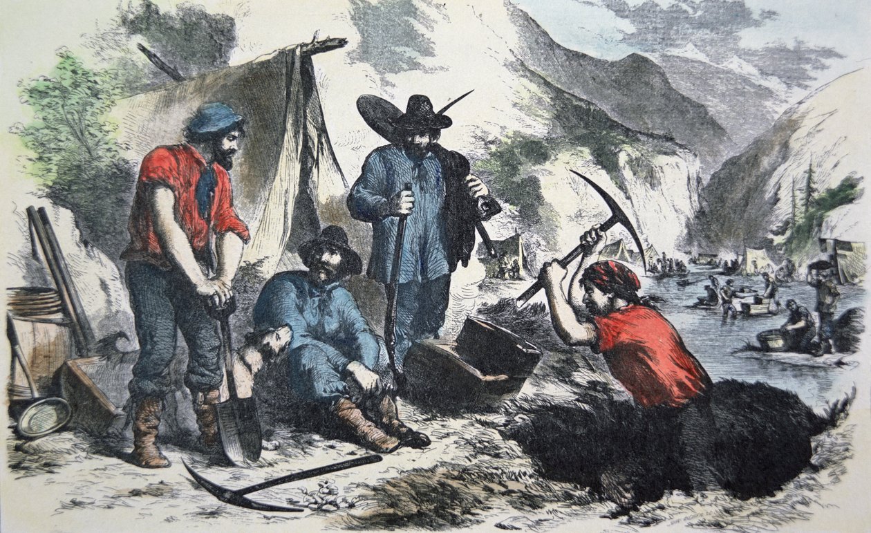 1849年加州淘金热中的探矿者（彩色平版印刷）。 作者 美国学校