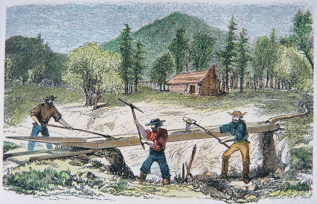 在 1849 年加利福尼亚淘金热期间使用水闸的探矿者（彩色石版画） 作者 美国学校