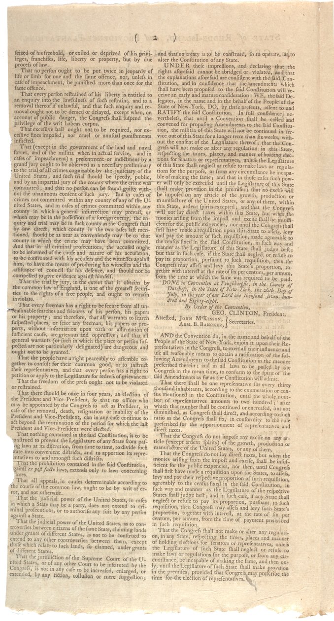 决议印刷纽约州立法会修正宪法的提案，1788年10月 作者 美国学校