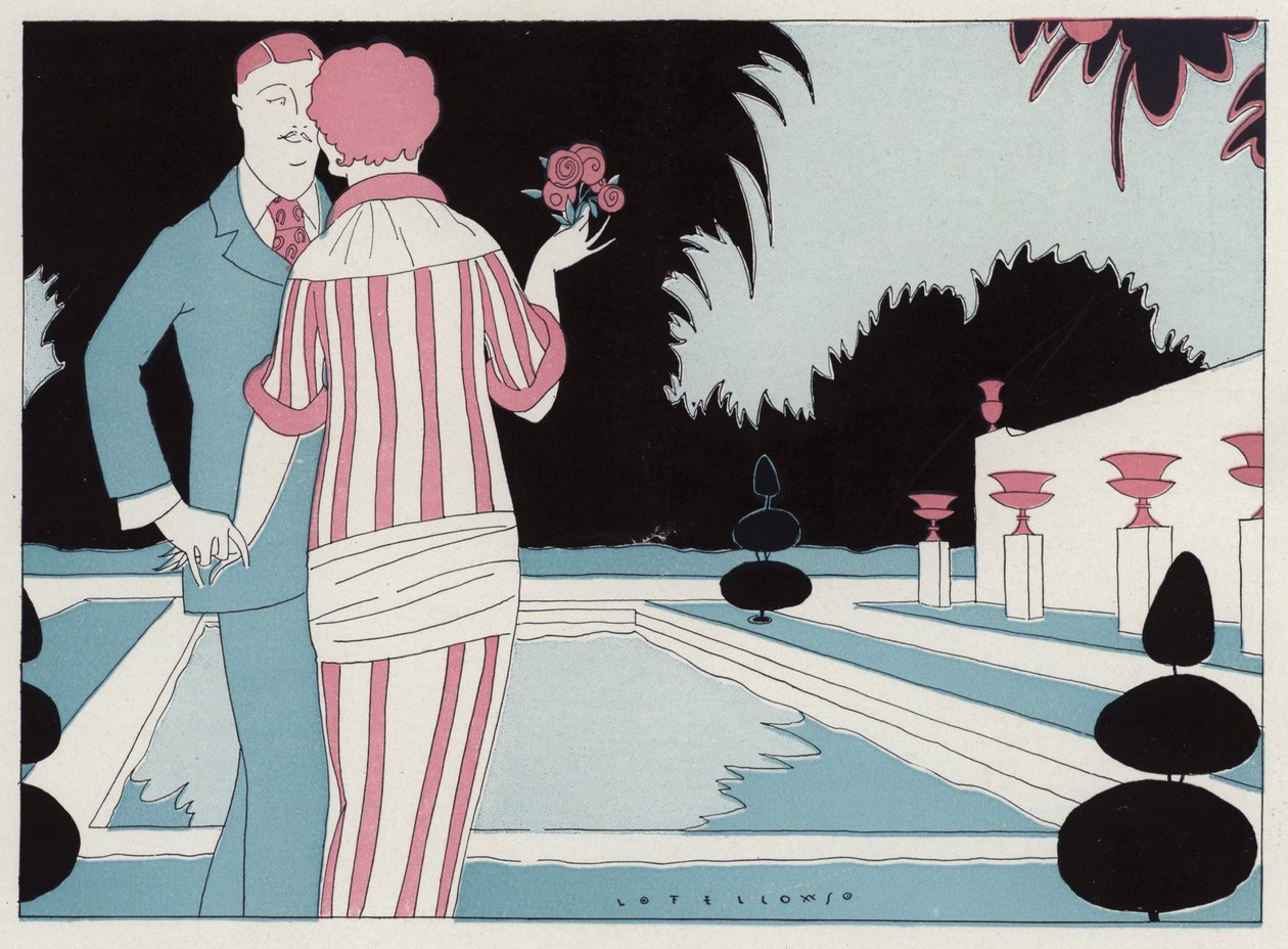 J A Waldron 的短篇小说 Prospective Honeymooners（彩色石版印刷）中的场景：一对浪漫的情侣在泳池边牵手。 作者 美国学校