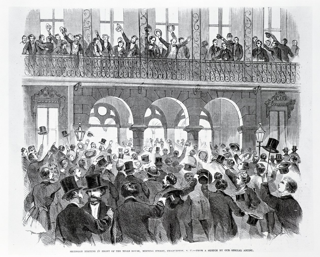 南卡罗来纳州查尔斯顿会议街米尔斯大厦前的分裂会议，约1860年（雕刻）（黑白照片） 作者 美国学校