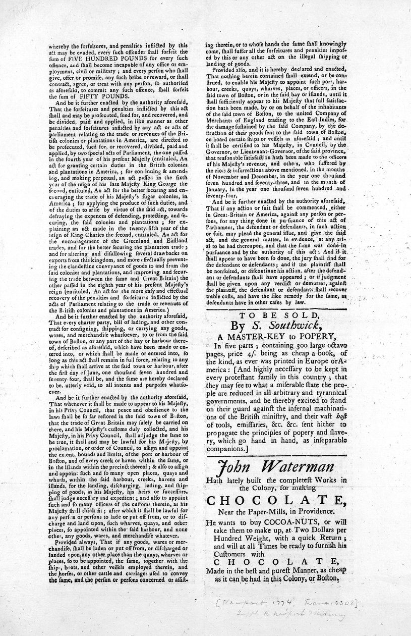 1774年波士顿海港法案（新闻纸）的第二页 作者 美国学校