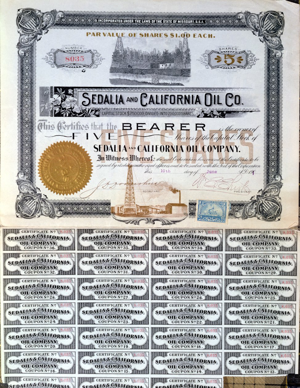 1901年，美国Sedalia和加利福尼亚石油公司的股票证书 作者 美国学校