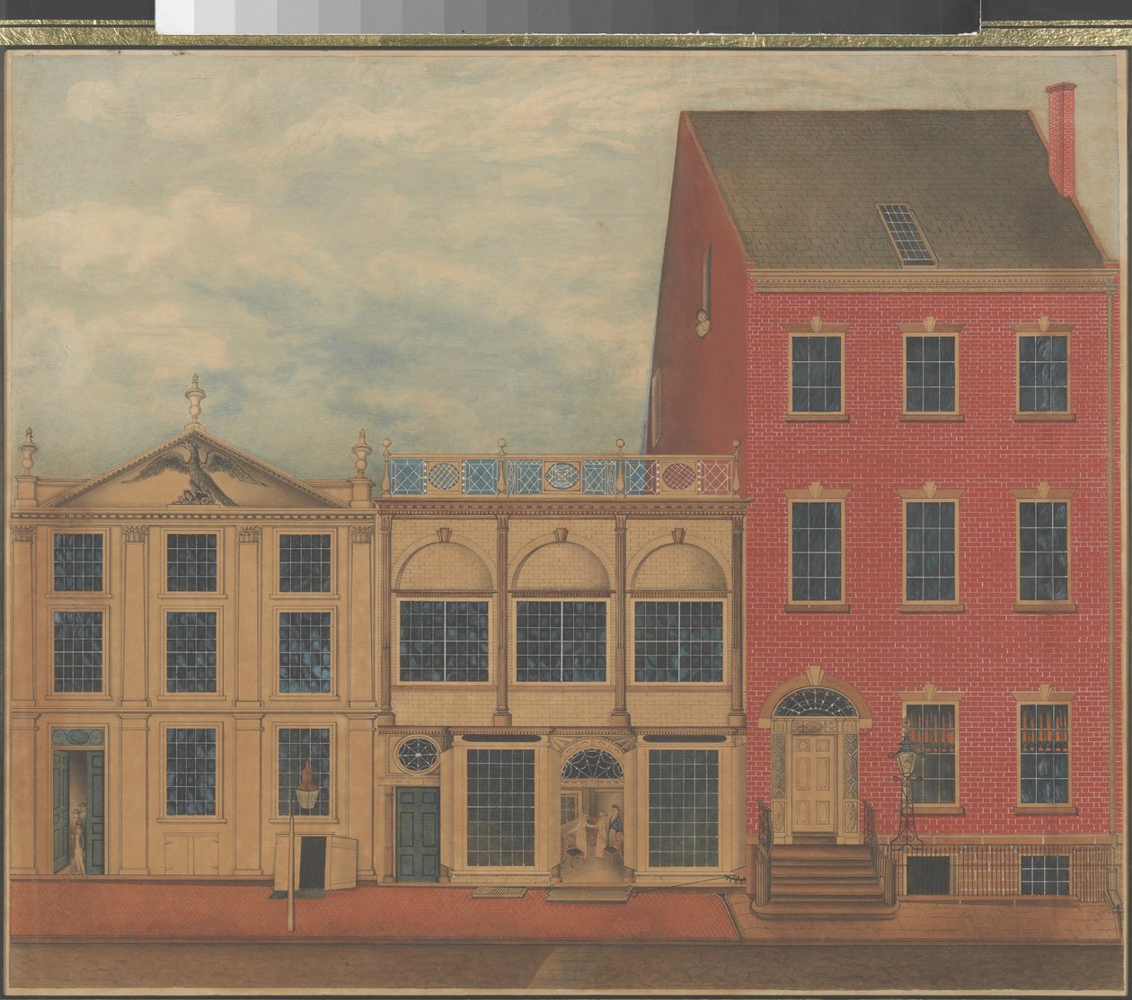 纽约市富尔顿街上的邓肯·菲菲（Duncan Phyfe）的商店和仓库，约1817年至1820年（白纸上的水彩，墨水和水粉） 作者 美国学校