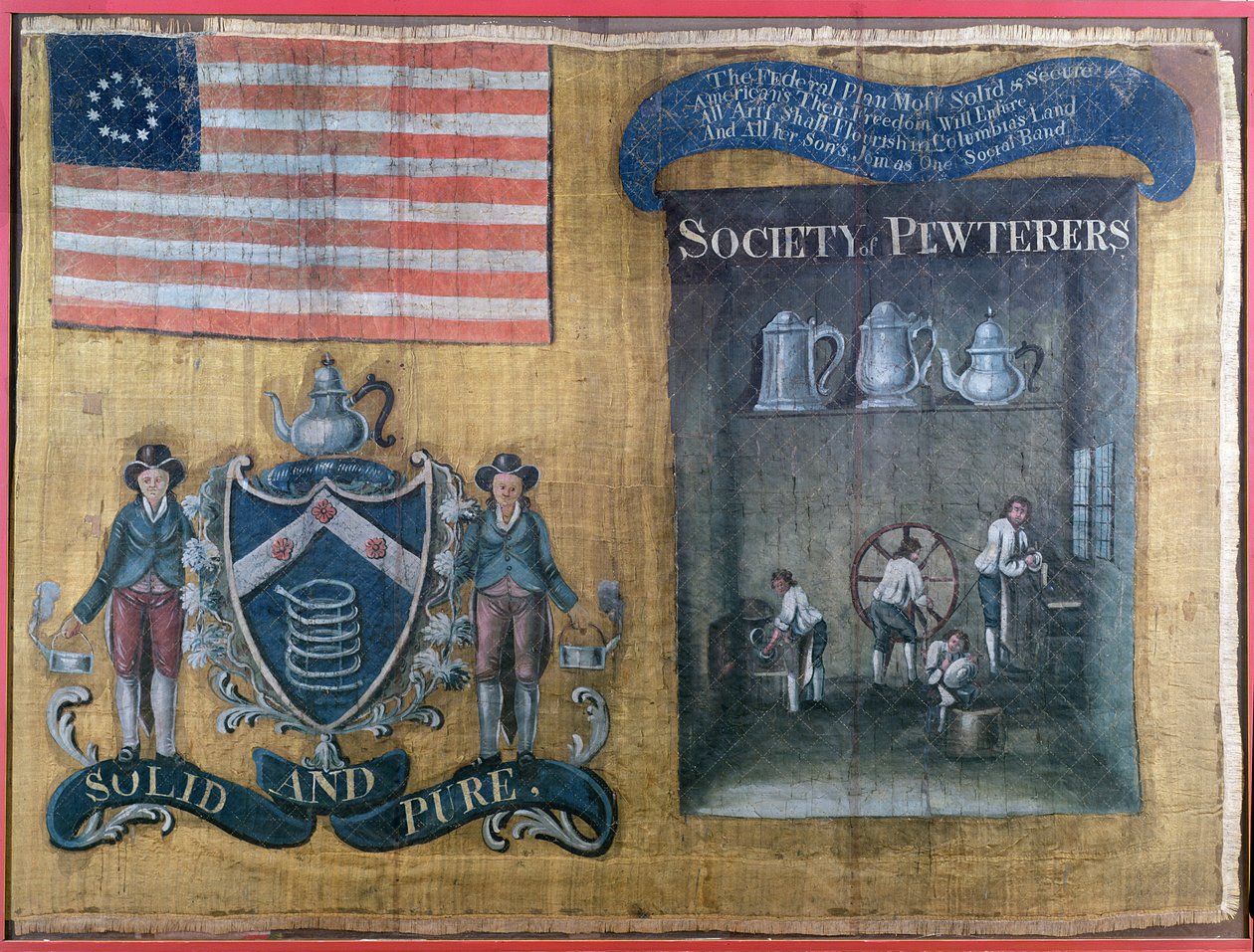 纽约市Pewterers协会的丝绸旗帜，于1788年7月23日在联邦游行中进行（纺织品） 作者 美国学校
