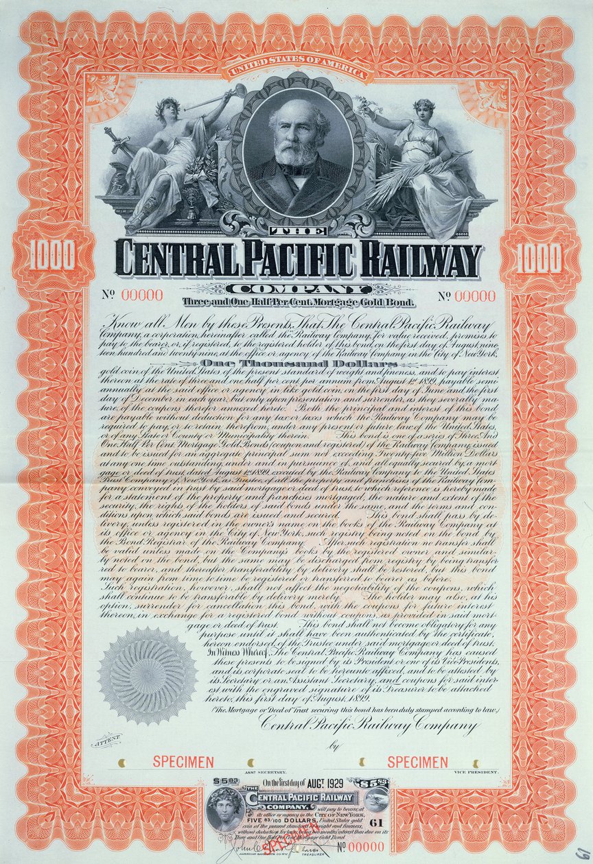 中太平洋铁路公司1899年的标本债券证书为1000美元 作者 美国学校