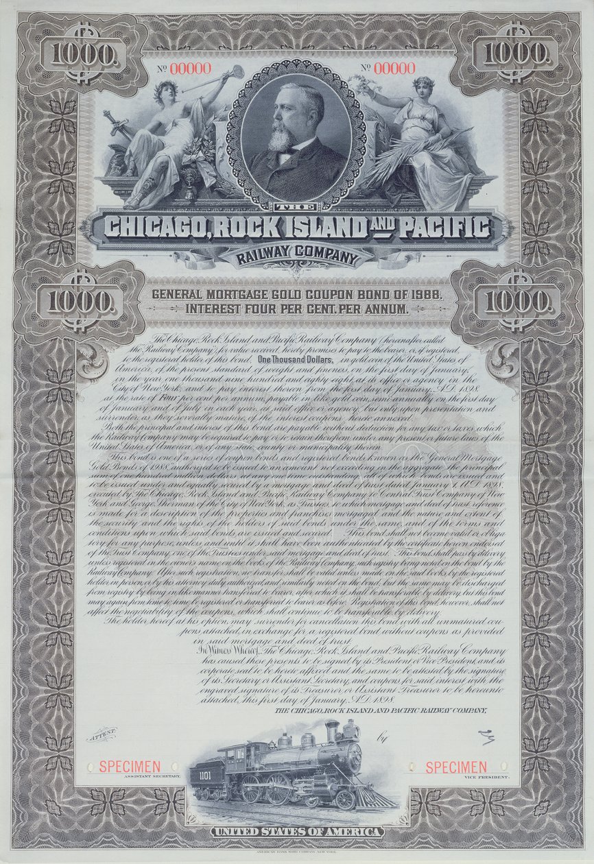 1898年芝加哥，洛克岛和太平洋铁路公司的标本债券证书为1000美元 作者 美国学校