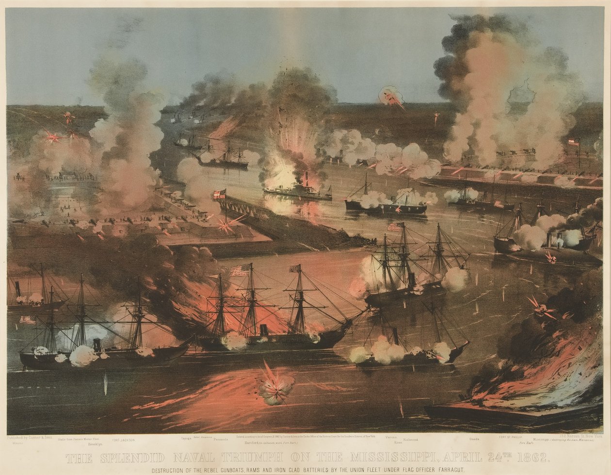 密西西比河上辉煌的海军胜利》，1862 年出版（彩色平版印刷）。1862 年（彩色石印） 作者 美国学校