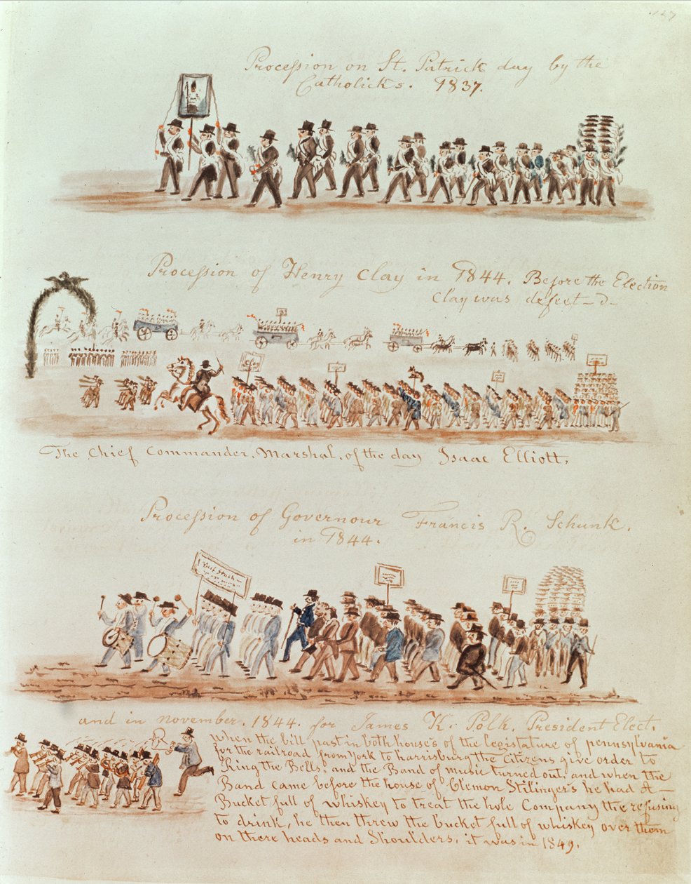 1837年的圣帕特里克节游行和1844年亨利克莱，州长弗朗西斯·舒克和詹姆斯波尔克的游行（墨水和纸上的wc） 作者 美国学校