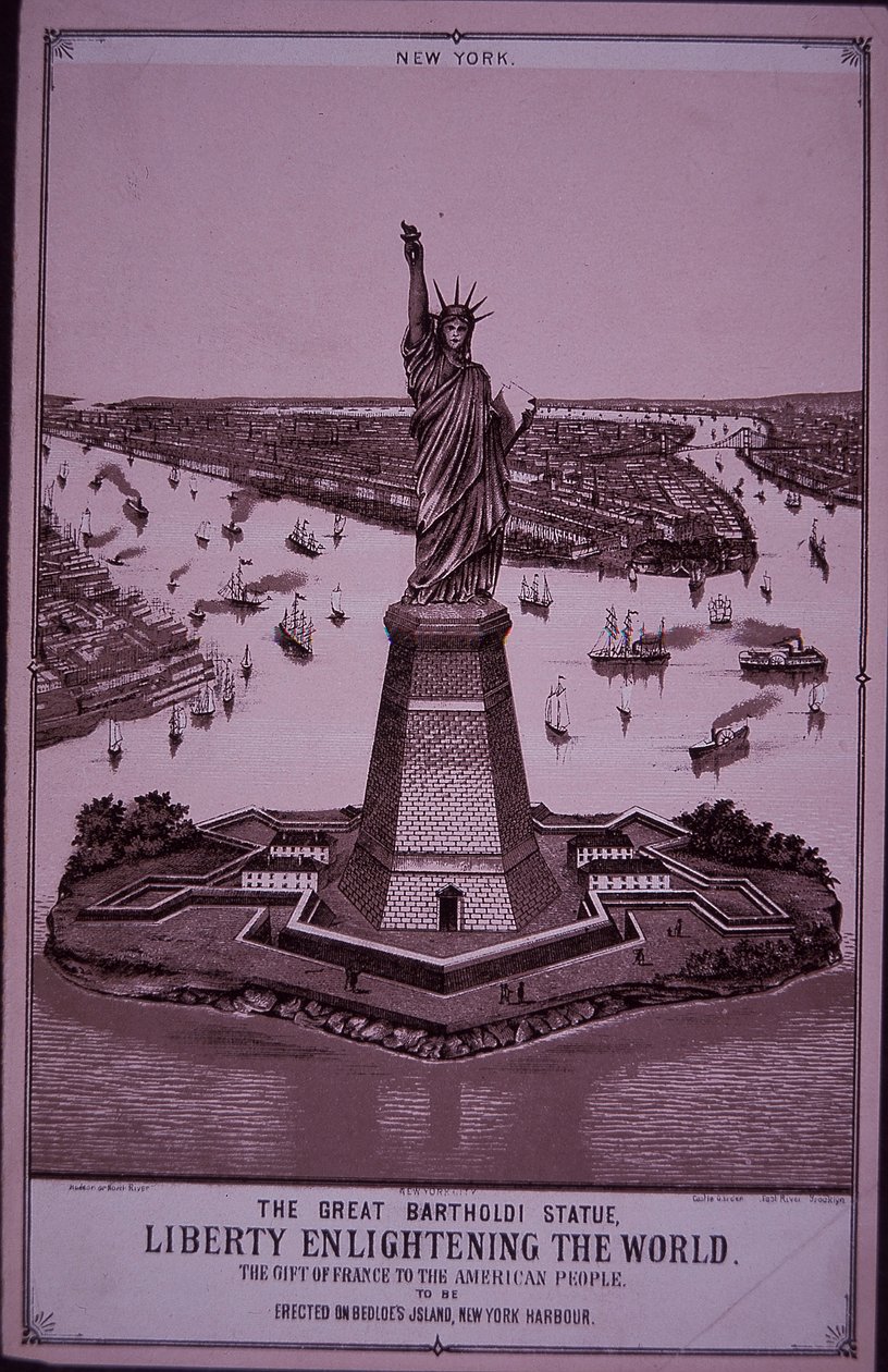 “将竖立在贝德洛岛上的自由女神像”，1885 年版画（雕刻） 作者 美国学校