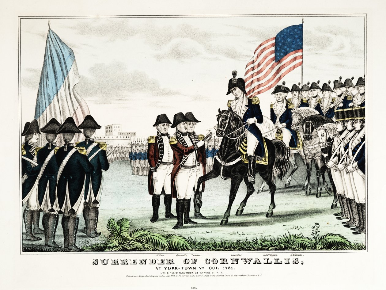 康沃利斯在弗吉尼亚州约克镇投降》，1781 年 10 月出版。Currier  Ives 作者 美国学校