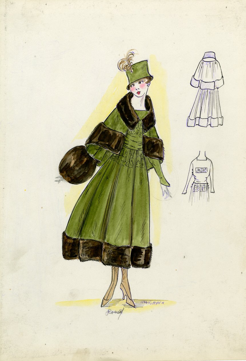 定制西装，Doucet，1916 年秋（纸上铅笔和水彩画） 作者 美国学校
