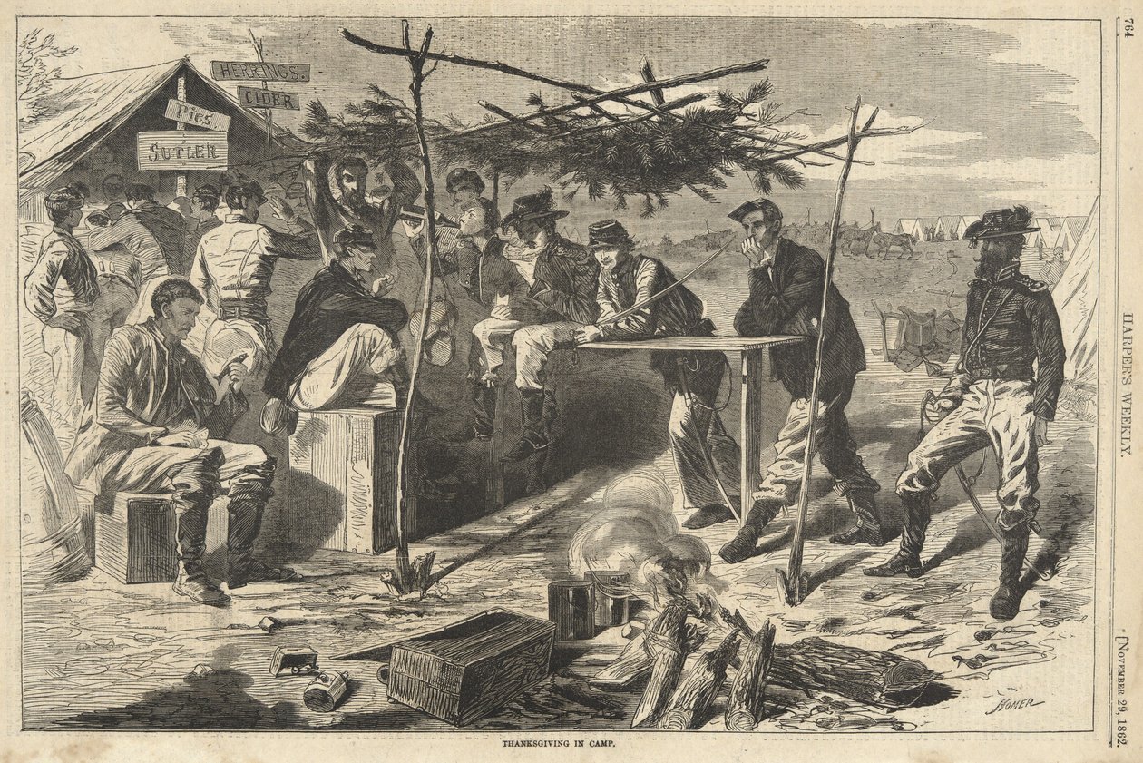 营地里的感恩节，来自《哈珀周刊》，出版。1862年（雕版画） 作者 美国学校
