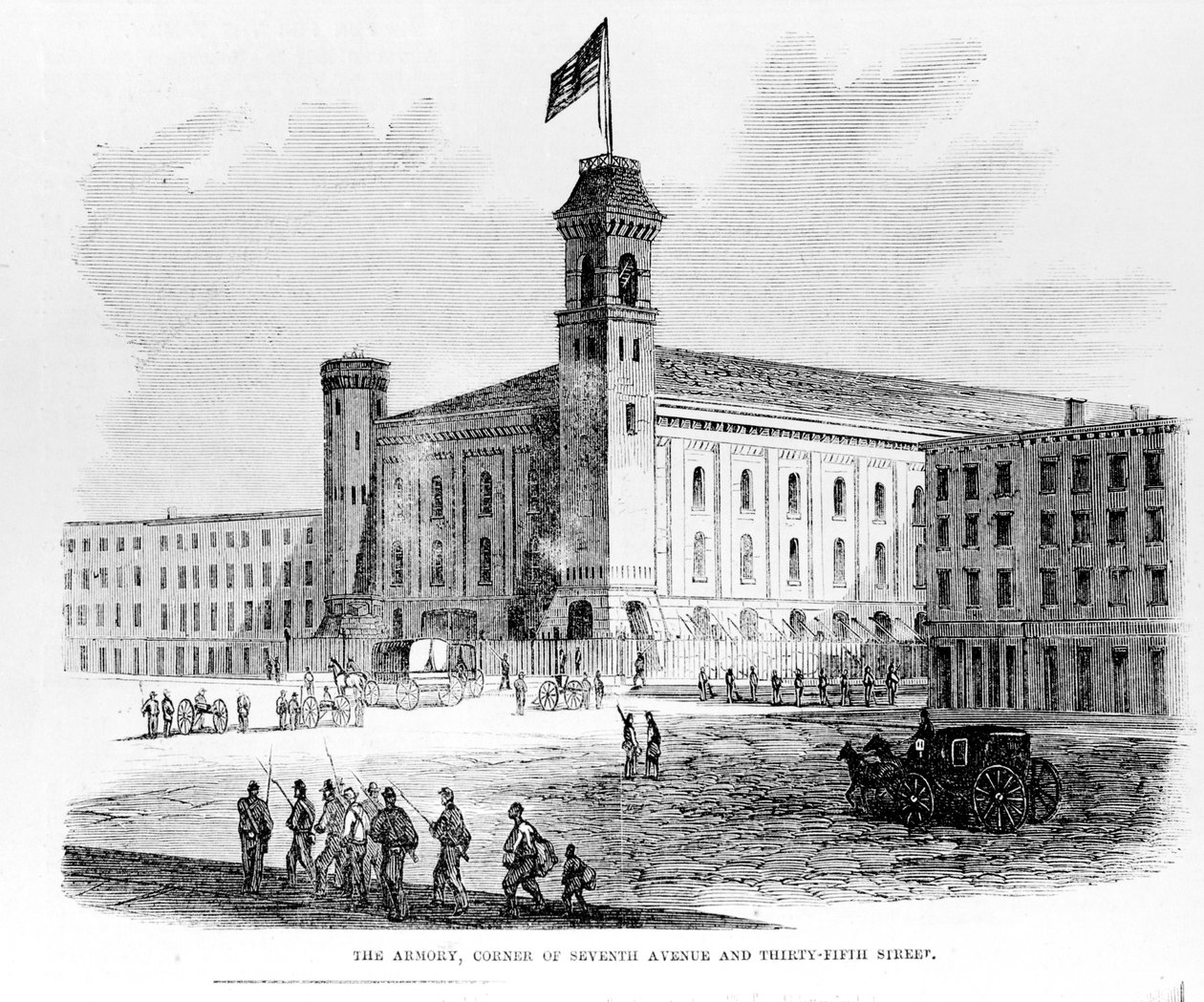 军械库，第七大道和第三十五街的角落，1863年纽约市骚乱报道的场景 作者 美国学校