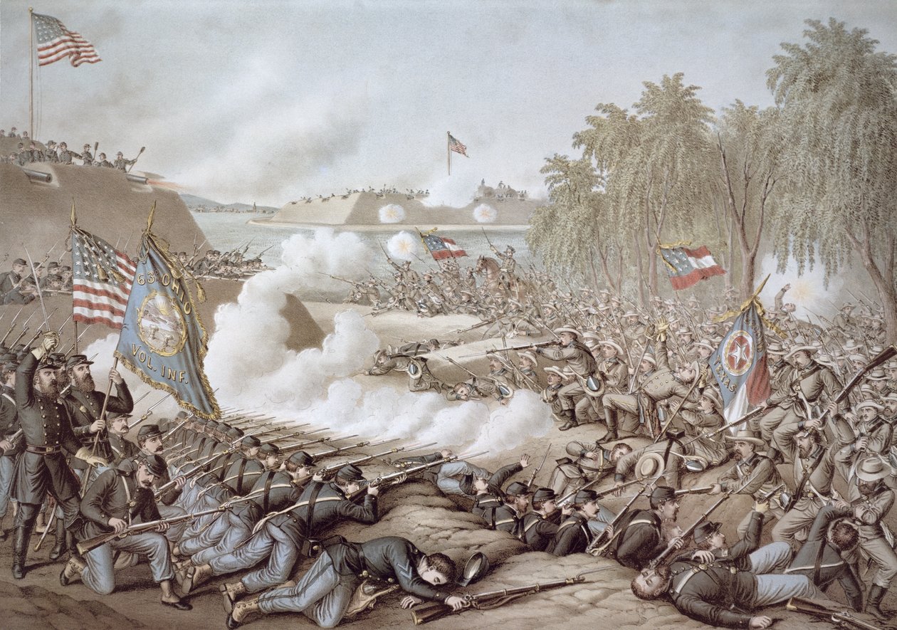 科林斯战役，1862年10月3日至4日，显示南北双方的旗帜，由库尔兹和艾利森制作（彩色平印）。 作者 美国学校