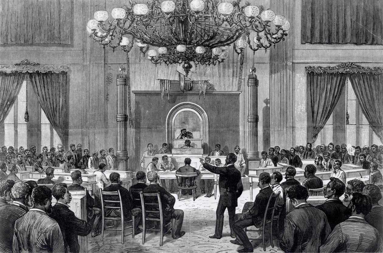 1876年4月5日至7日在田纳西州纳什维尔召开的有色人种国民大会，来自《弗兰克-莱斯利画报》（雕刻）（黑白照片）。 作者 美国学校