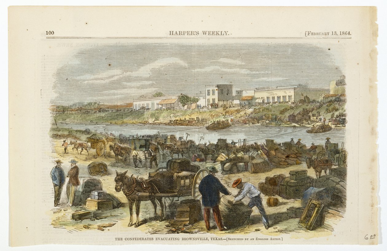 撤离德克萨斯州布朗斯维尔的南军，约1864年（手绘木浆纸上的石版画）。 作者 美国学校