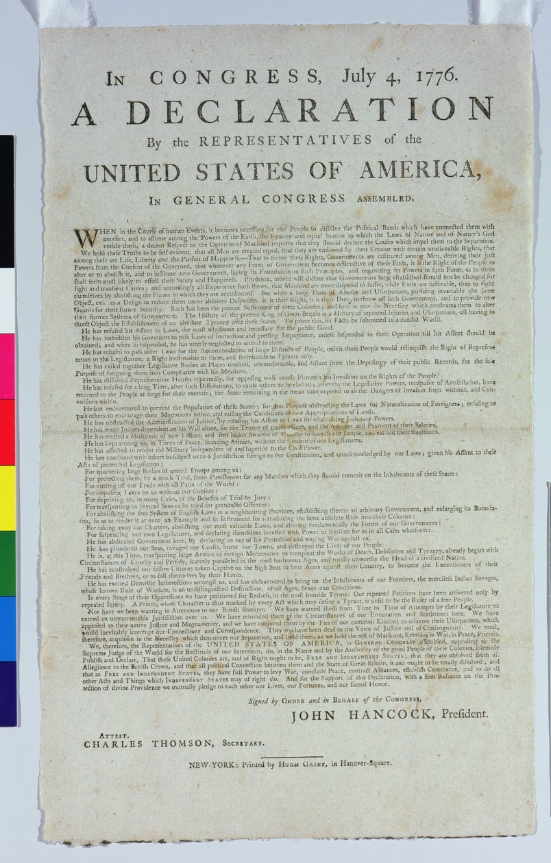 独立宣言，由Hugh Gaine，1776年印刷（纸上印刷的墨水） 作者 美国学校