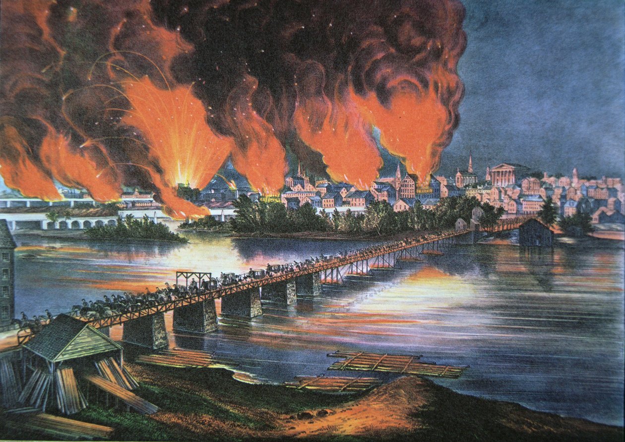 1865年4月2日晚弗吉尼亚州里士满的陷落（彩色平版印刷）。 作者 美国学校