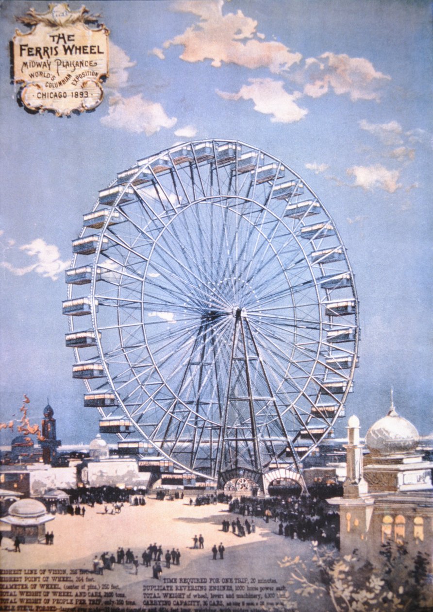 摩天轮，Midway Plaisance，世界哥伦比亚博览会，芝加哥 1893（彩色石版画） 作者 美国学校