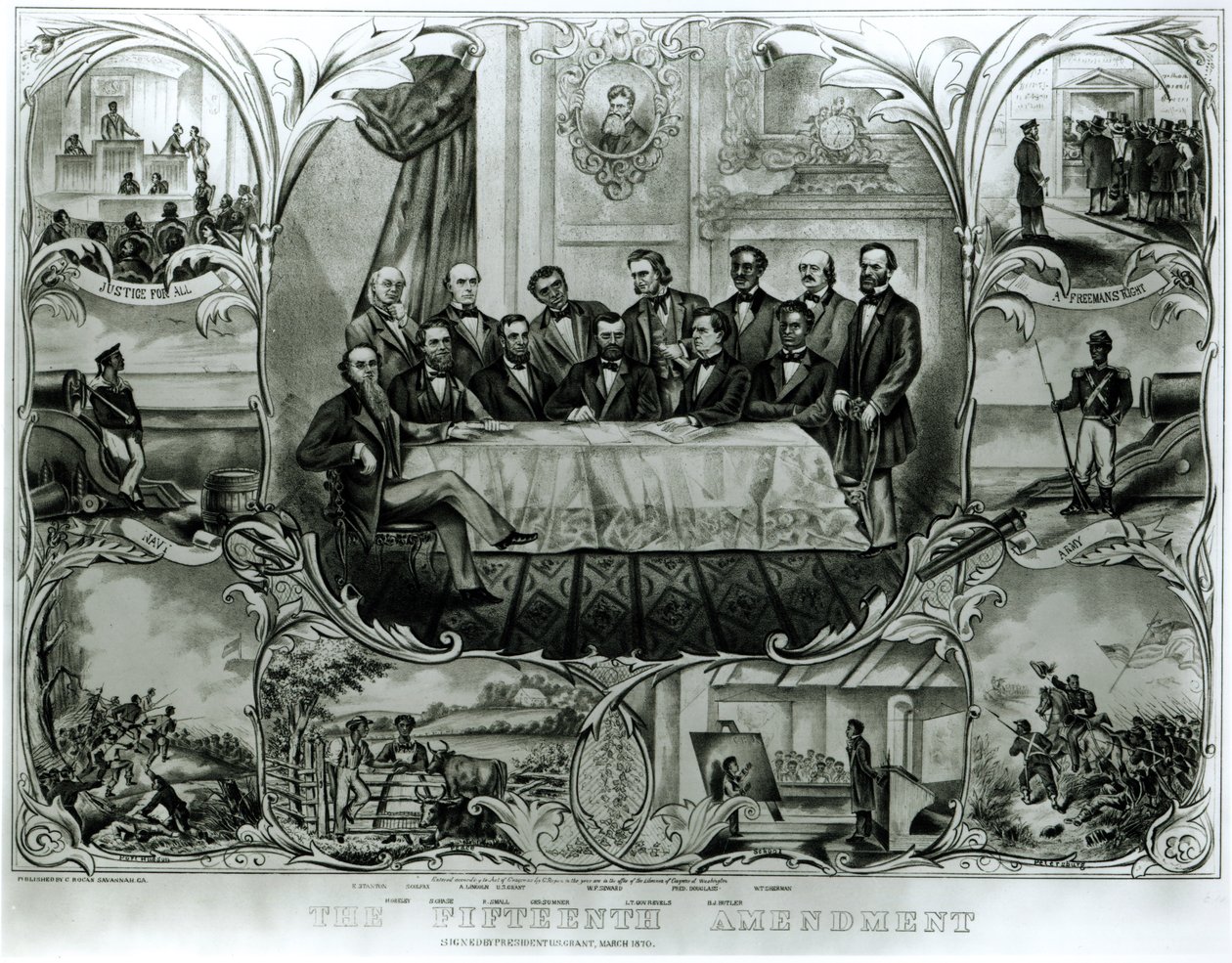 第十五条修正案，由尤利西斯-格兰特总统（1822-85）于1870年3月签署（平印）（黑白照片）。 作者 美国学校