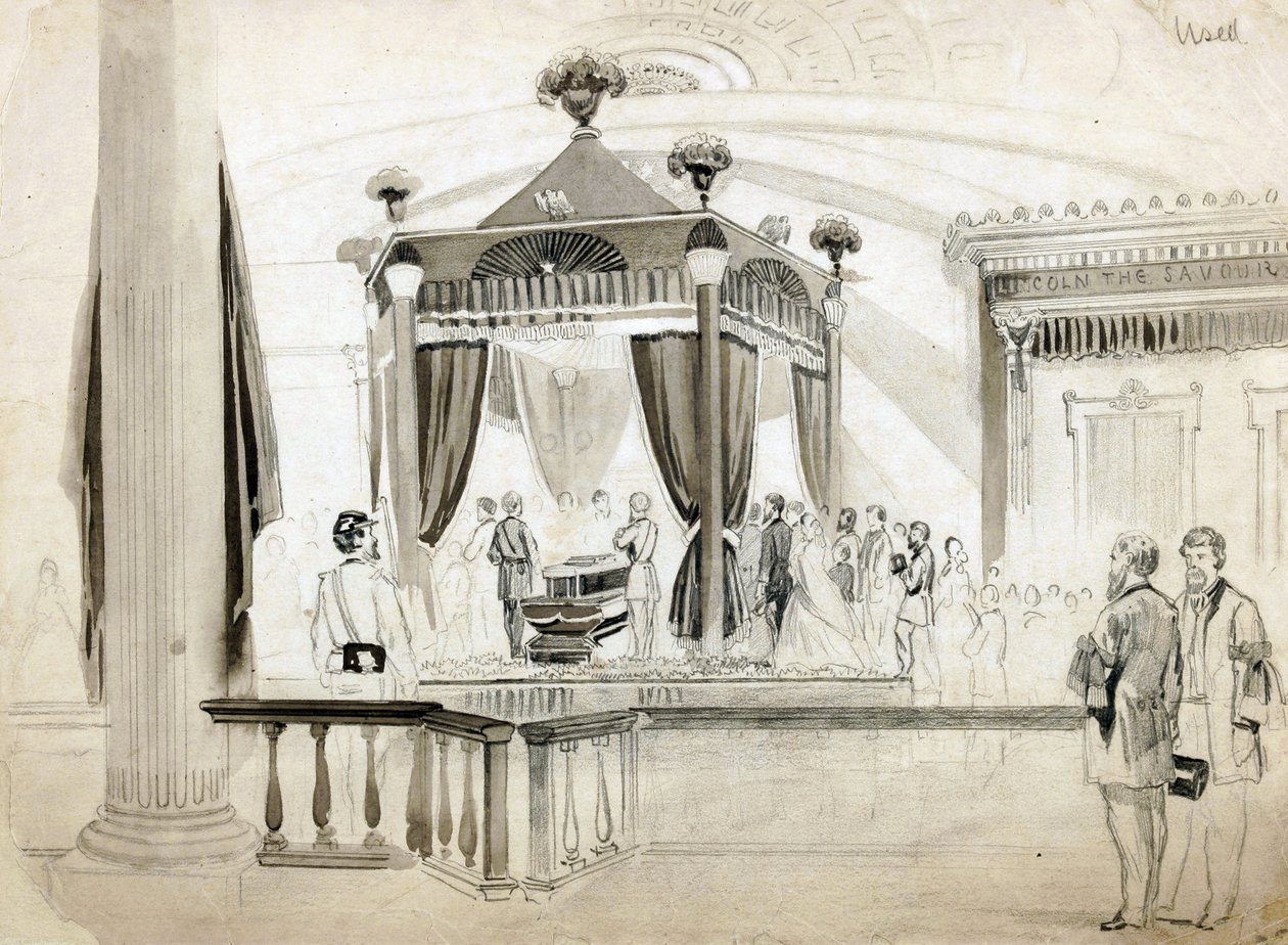 伊利诺伊州斯普林菲尔德的葬礼Catafalque，插图为Frank Leslies Illustrated Newspaper，1865年（铅笔，墨水和纸上洗） 作者 美国学校