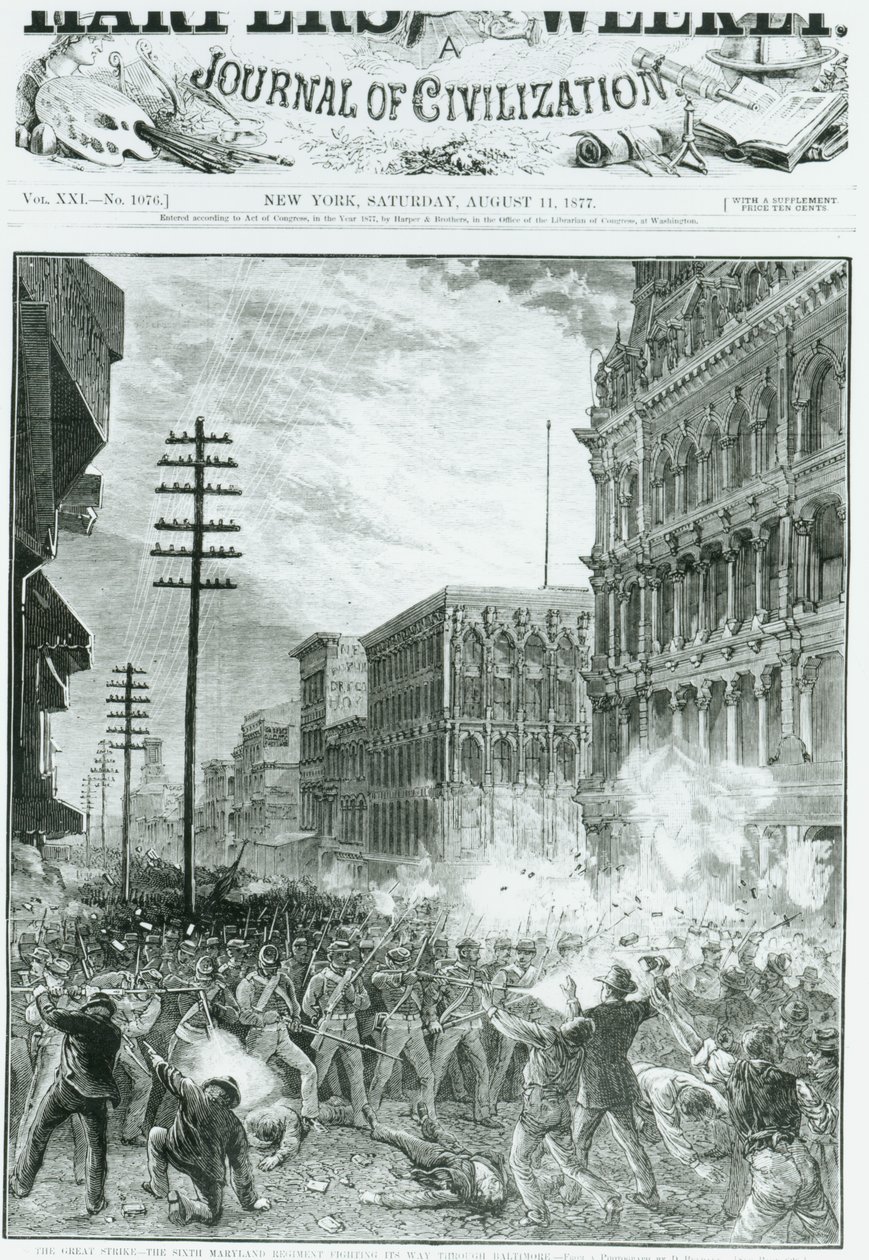 大罢工：第六届马里兰军团在巴尔的摩战斗，来自&39;Harper&39;s Weekly&39;，1877年8月11日 作者 美国学校