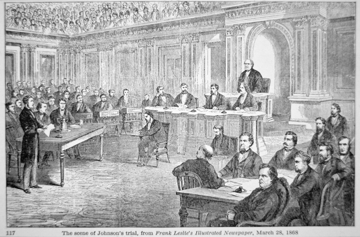 1868年对约翰逊总统的弹劾，来自《弗兰克-莱斯利报》的插图，1868年3月28日（石印）。 作者 美国学校