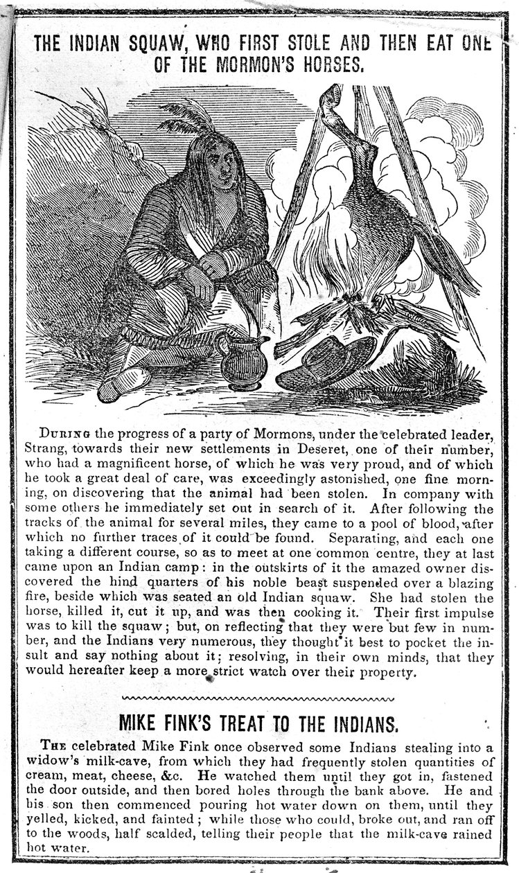 第一次偷走然后吃摩门教马的印第安人Squaw，来自克罗克茨年历，1852年 作者 美国学校