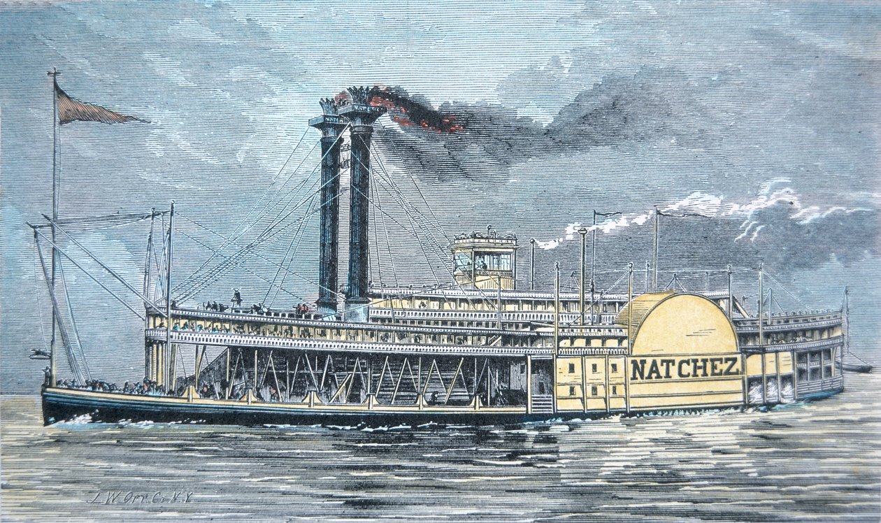 密西西比州侧轮车“Natchez”，约 1870 年（彩色雕刻） 作者 美国学校
