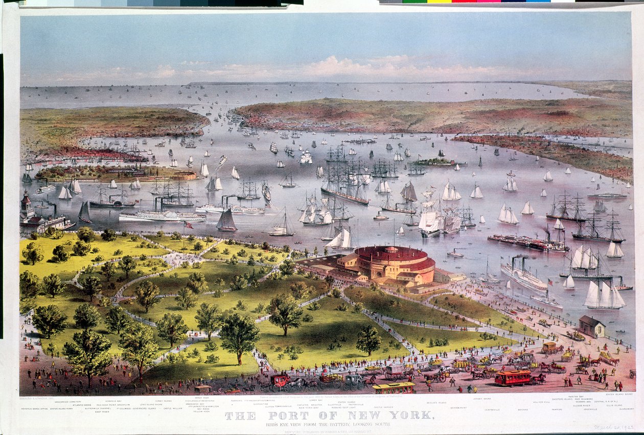 纽约港，俯瞰炮台的鸟瞰图，由Parsons＆Atwater雕刻，由Currier＆Ives出版，1872年 作者 美国学校