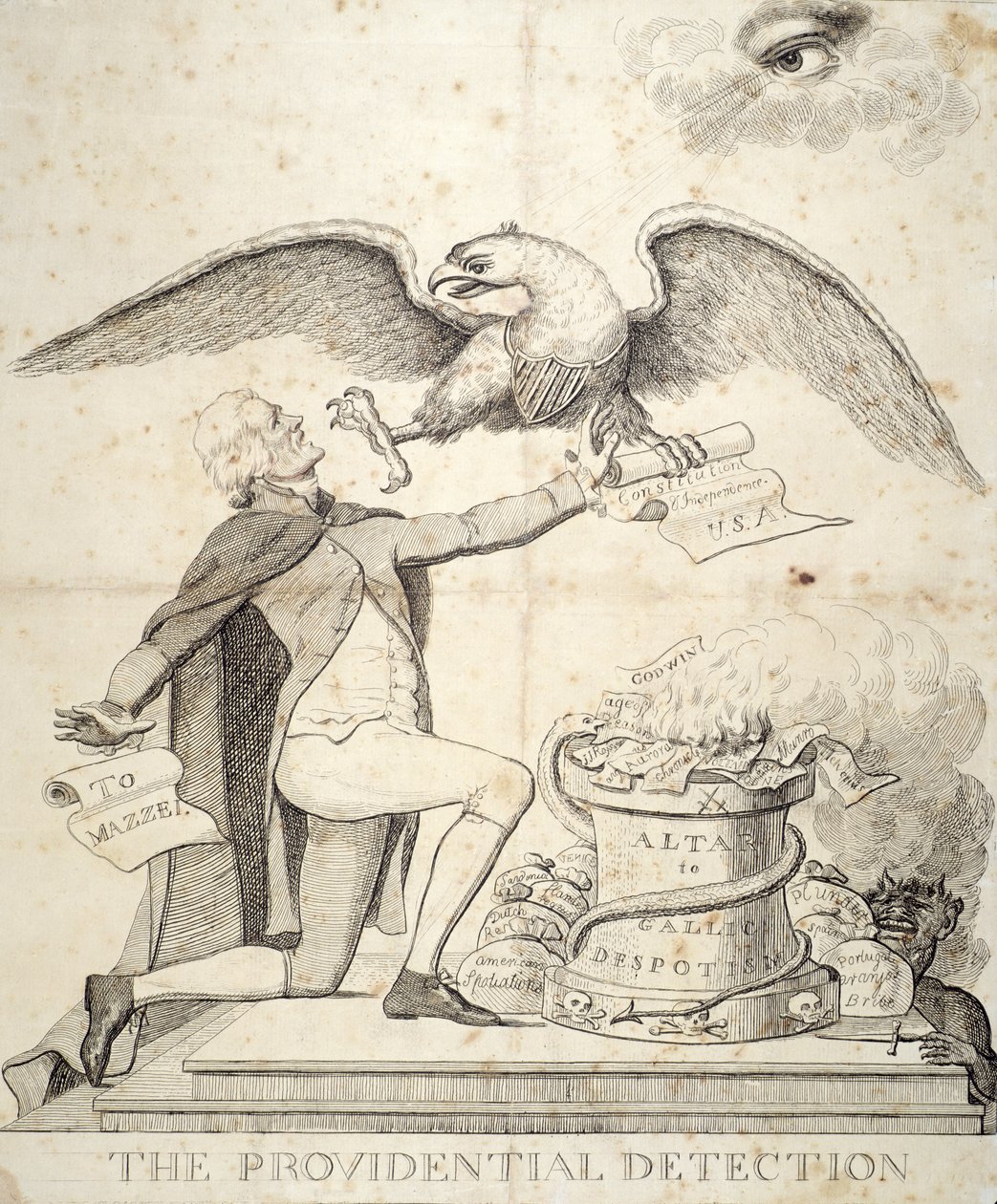 Providential Detection，卡通描绘了托马斯·杰斐逊（1743-1826）试图摧毁宪法 作者 美国学校
