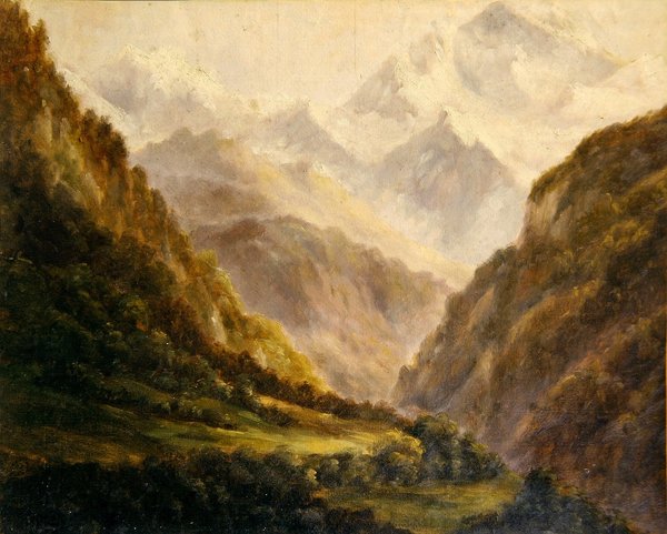 落基山脉，约1870年（纸上油画） 作者 美国学校