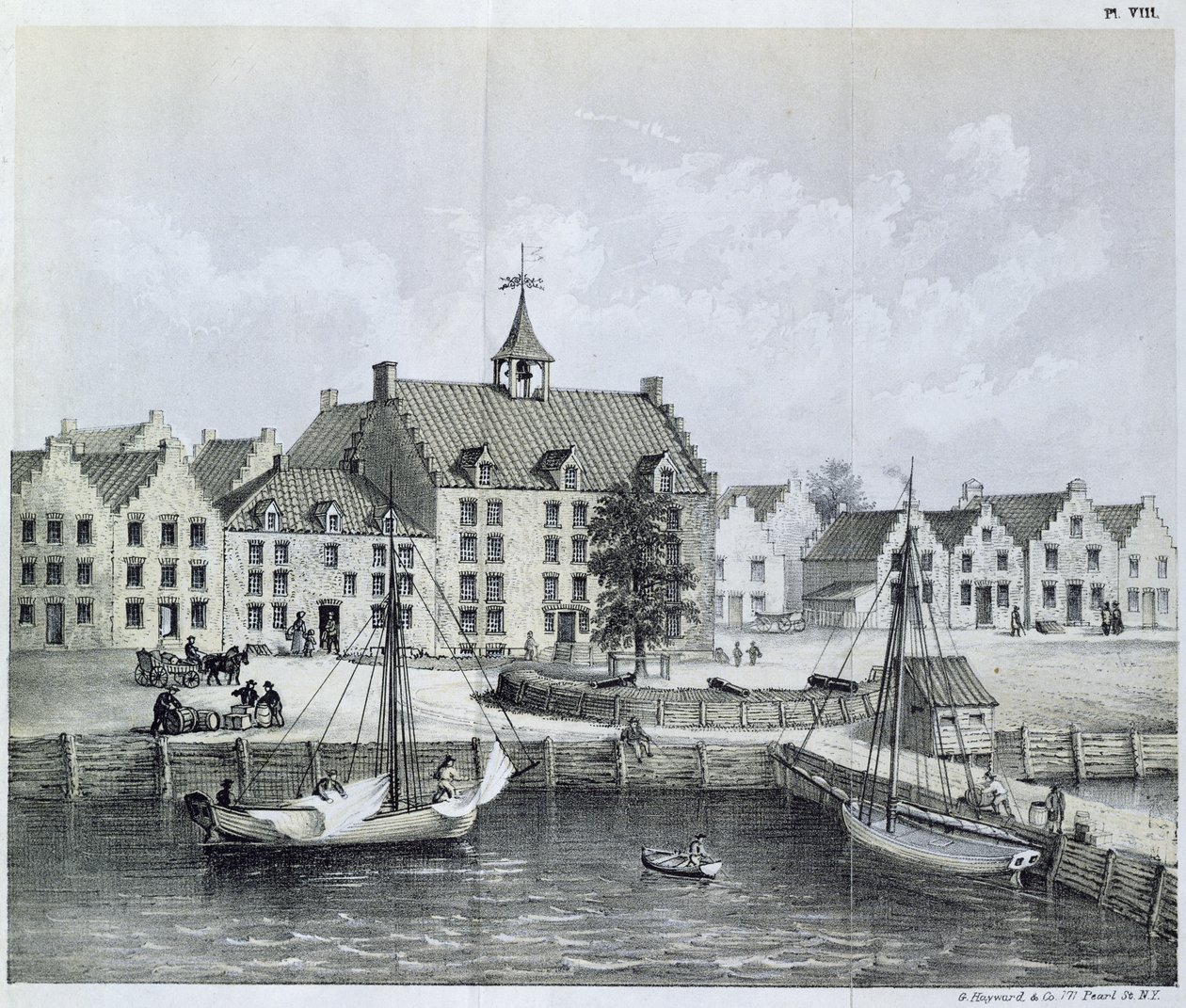 1679年纽约Stadthuys，Pearl Street和Coentijs Slip的角落，1679  -  80年由Jasper Danckaerts（b.1639）和Peter Sluyter（1645-1722）出版的“航行杂志”到纽约，1867年出版 作者 美国学校