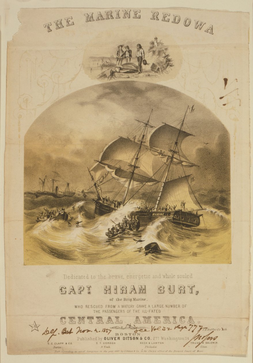 1857年9月，SS Central America号汽船在卡罗莱纳州附近遭遇飓风后，双桅船Marine号从救生艇上救出乘客，该船被卷入飓风。超过550人被淹死，30,000磅（14,000公斤）的加州黄金丢失。 作者 美国学校