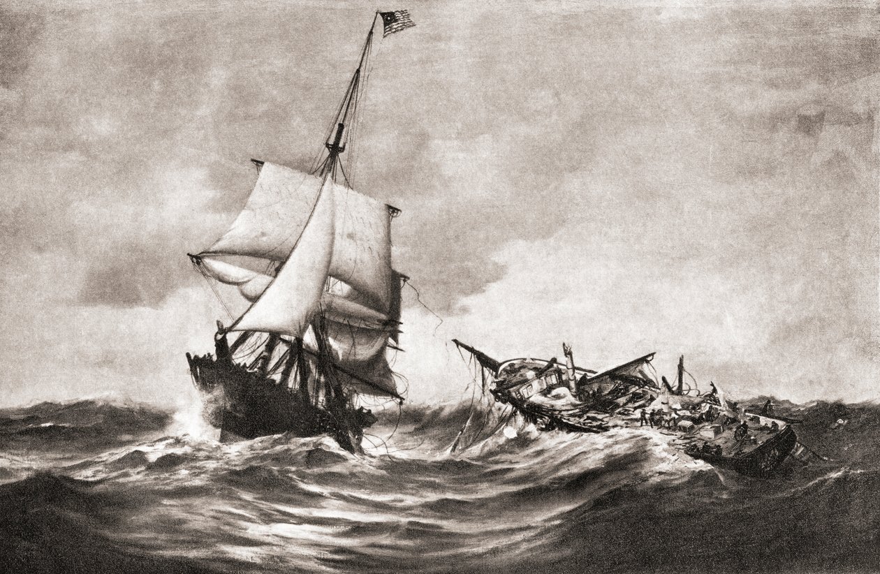 1812 年战争期间，美国黄蜂号战列单桅帆船俘获英国皇家海军欢乐号 (HMS Frolic)，这是一次海上行动，摘自 1905 年出版的《我国历史》（平版印刷） 作者 美国学校