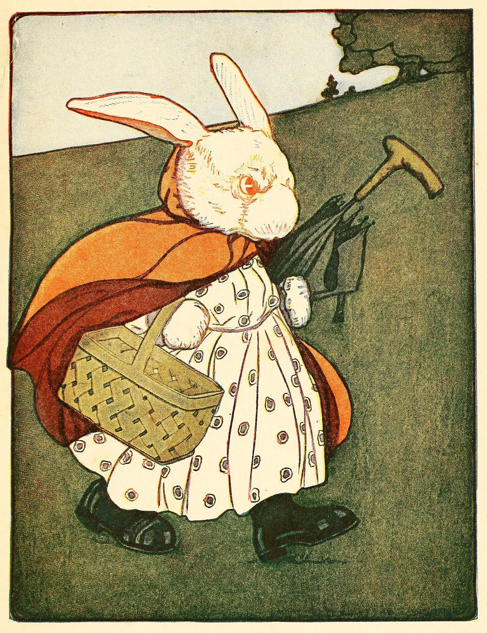 然后老兔太太....，穿过树林去面包店，摘自《彼得兔的故事》，1916年。 作者 美国学校