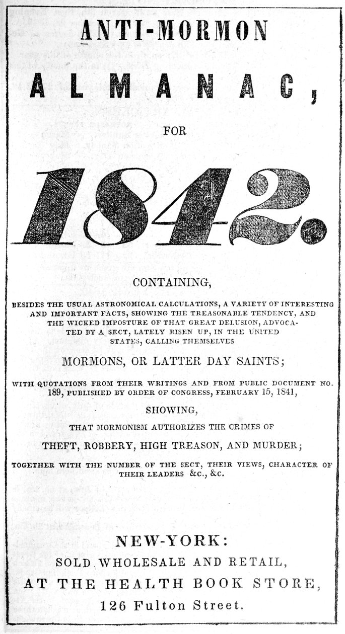 1842年反摩门教年历的标题页（打印） 作者 美国学校