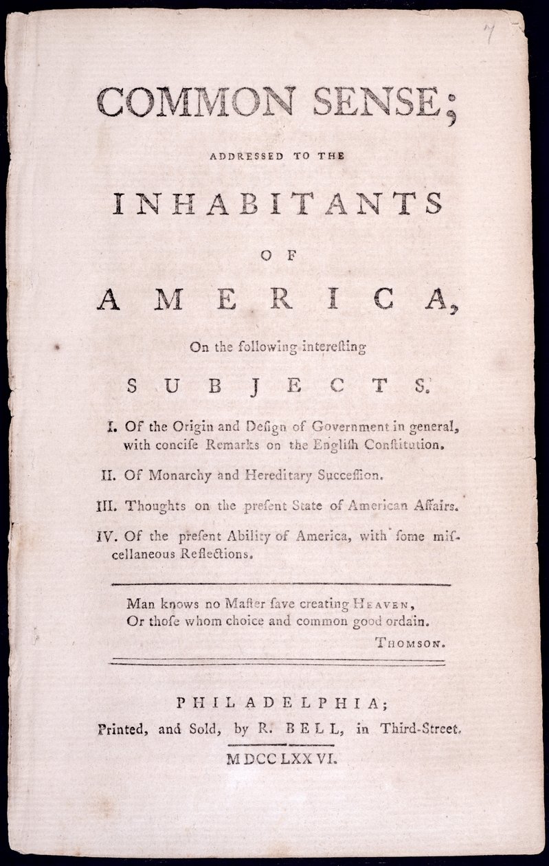 Thomas Paine的常识标题页（1737-1809）1776（打印） 作者 美国学校