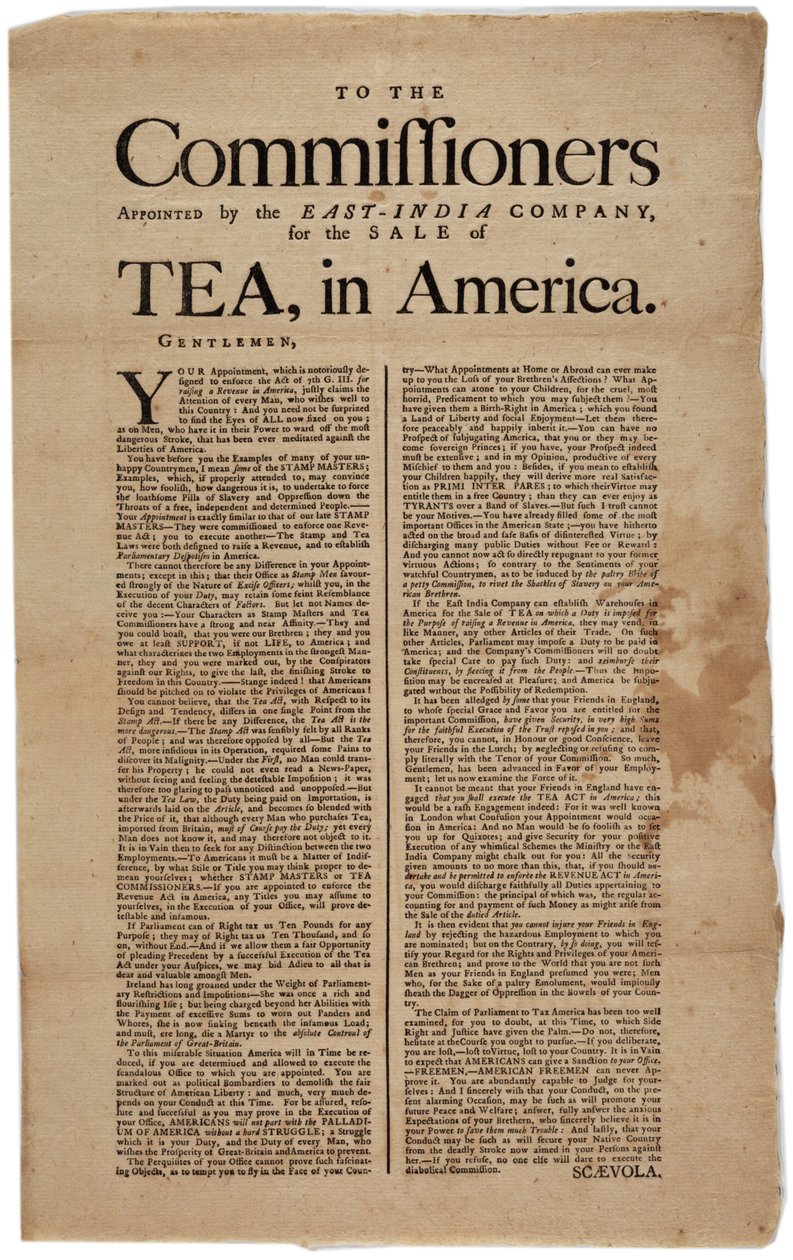 致美国东印度公司委任的委员，签署Scaevola，1773年 作者 美国学校