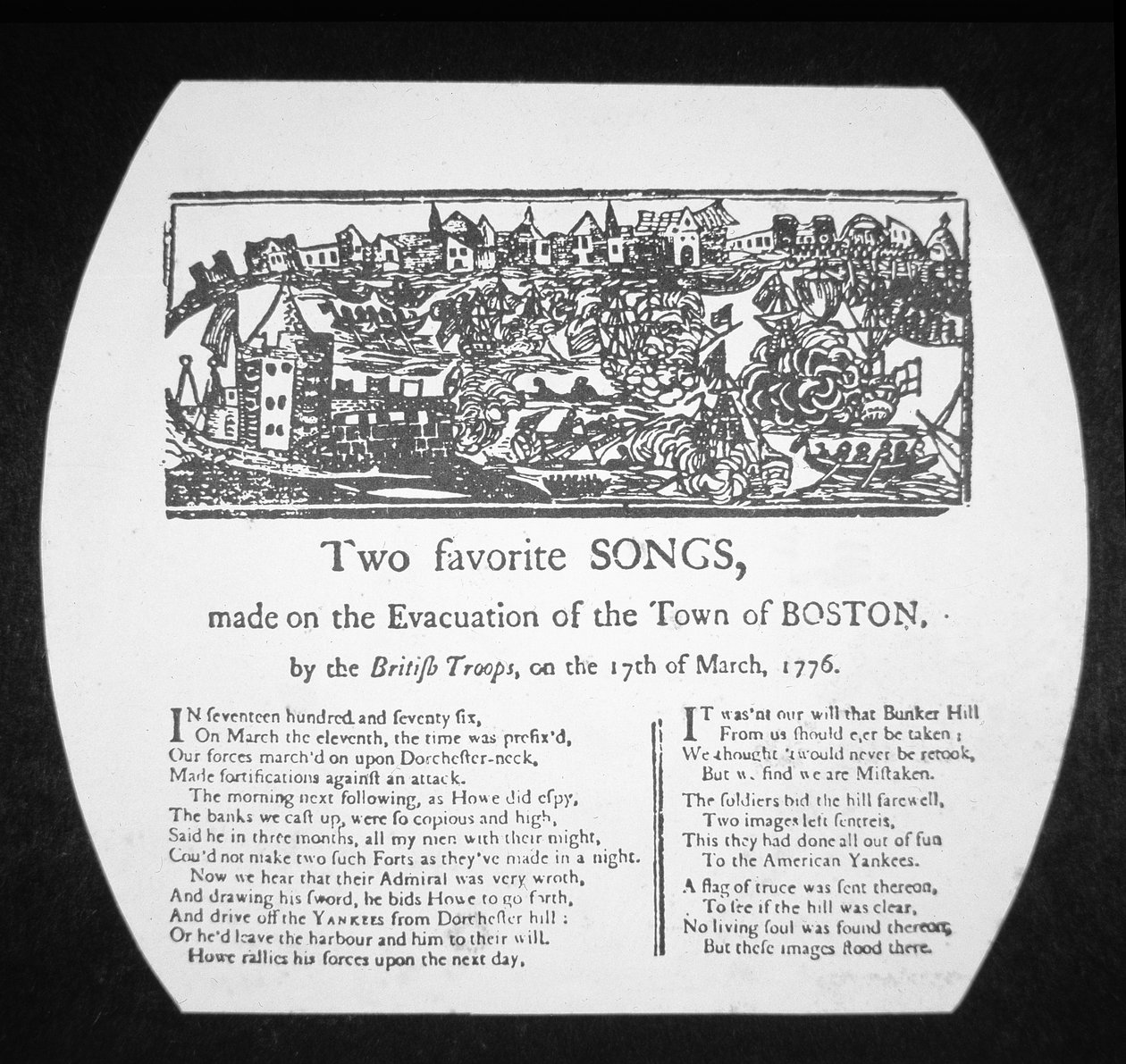 两首最受欢迎的歌曲，在1776年3月17日英军撤离波士顿时所作（雕刻）。 作者 美国学校