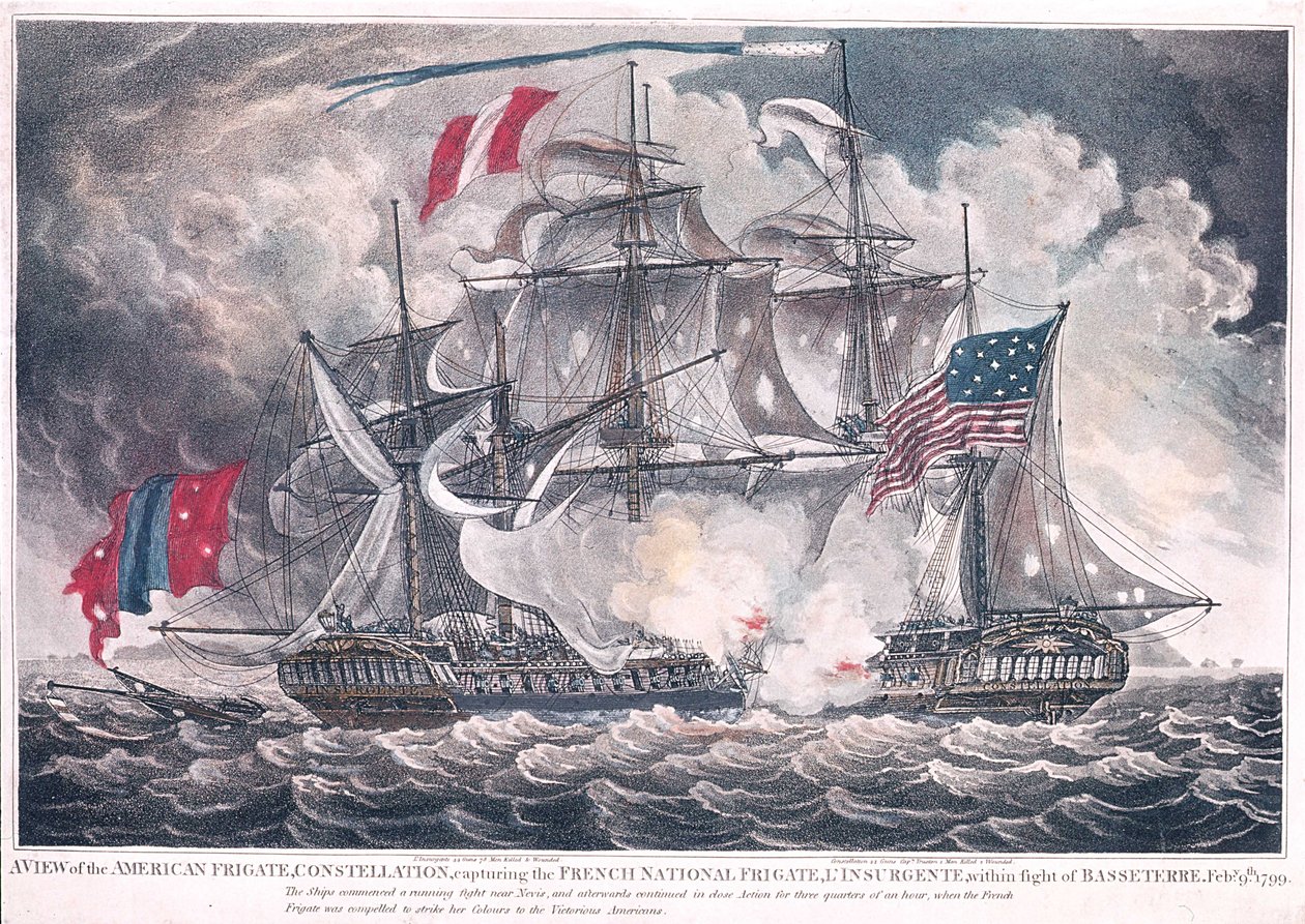 美国护卫舰星座于1799年2月9日在巴斯特尔战役中占领西印度群岛的LInsurgente，于1800年出版 作者 美国学校