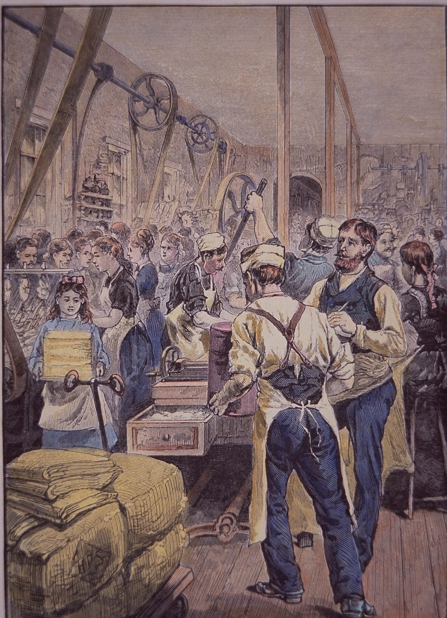 美国纺织业，北方的纺织厂，约1870年（彩色雕刻）。 作者 美国学校