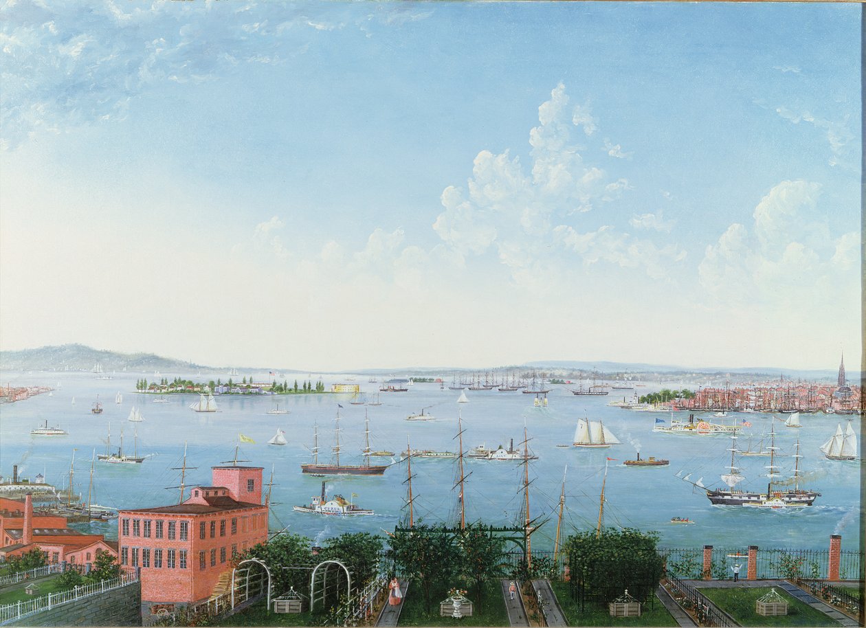纽约港的视图从布鲁克林高地，1860年（亚麻油） 作者 美国学校